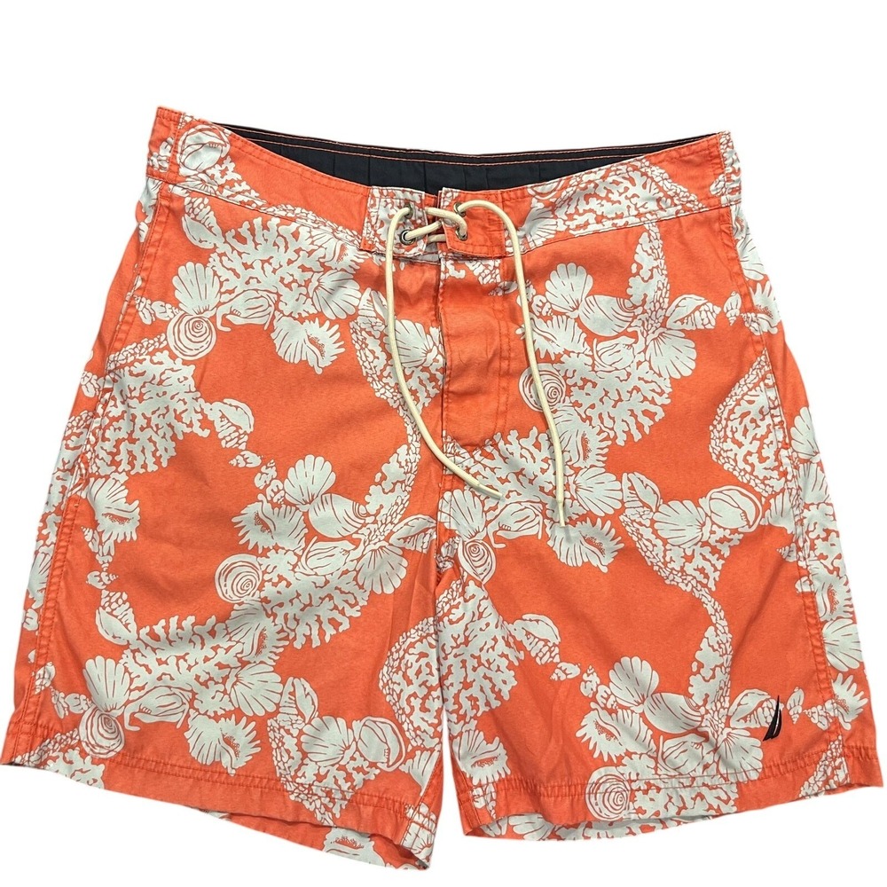 Nautica Swim Trunks Mens Medium Orange Floral Tropical Lined Elastic Waist